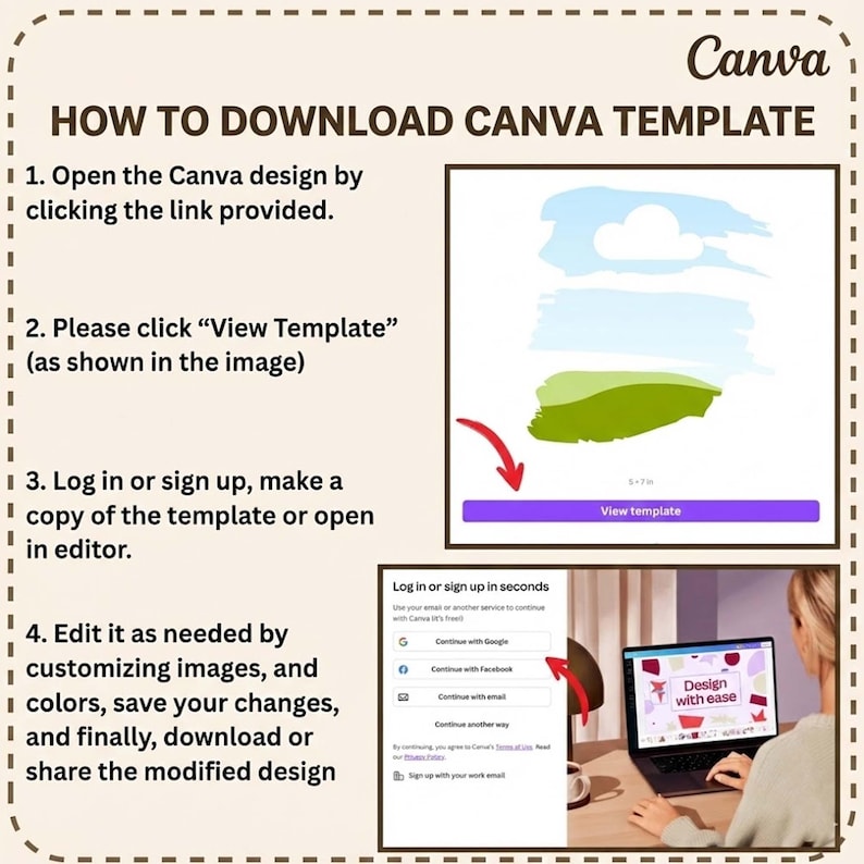 Pu&ograve; includere: Una guida su come scaricare un modello Canva, con istruzioni passo passo. L'immagine mostra un laptop con un design, un pulsante "View Template" e opzioni di accesso. Il testo recita "HOW TO DOWNLOAD CANVA TEMPLATE".