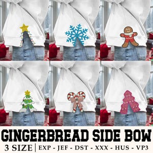 May include: White hoodie with six different Christmas-themed designs on the side. Designs include a gold star with lights, a blue snowflake, a gingerbread man, a Christmas tree, candy canes, and a stack of presents. Text at the bottom reads "GINGERBREAD SIDE BOW".