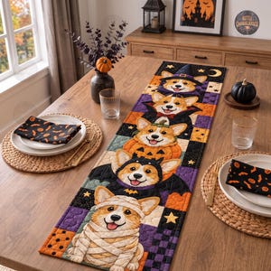 Halloween Corgi Quilted Table Runner, Cute Dog Patchwork Table Runner, Spooky Pet Table Decor, Autumn Farmhouse Decor, Dog Lover Gift