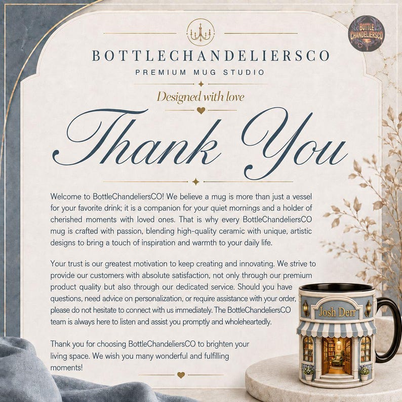 Peut inclure: Une carte de remerciement de BottleChandeliersCO avec un fond cr&egrave;me, du texte bleu fonc&eacute; et un petit logo. &Agrave; c&ocirc;t&eacute; de la carte se trouve une tasse en c&eacute;ramique con&ccedil;ue pour ressembler &agrave; une devanture avec un auvent ray&eacute; bleu et blanc.
