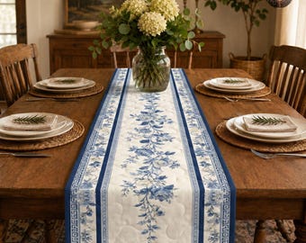 Blue White Rose Quilt Table Runner, Chinoiserie Floral Table Decor, Elegant Greek Key Table Linen, Grandmillennial Gift, Traditional Decor
