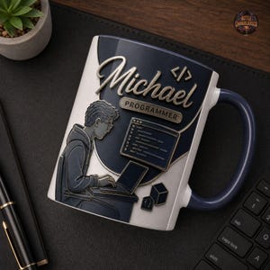Peut inclure: Une tasse en c&eacute;ramique blanche et bleu fonc&eacute; avec un motif en relief repr&eacute;sentant une personne assise &agrave; un bureau avec un ordinateur portable. Le texte Michael et Programmer appara&icirc;t en police m&eacute;tallique au-dessus d'une ic&ocirc;ne d'&eacute;cran.