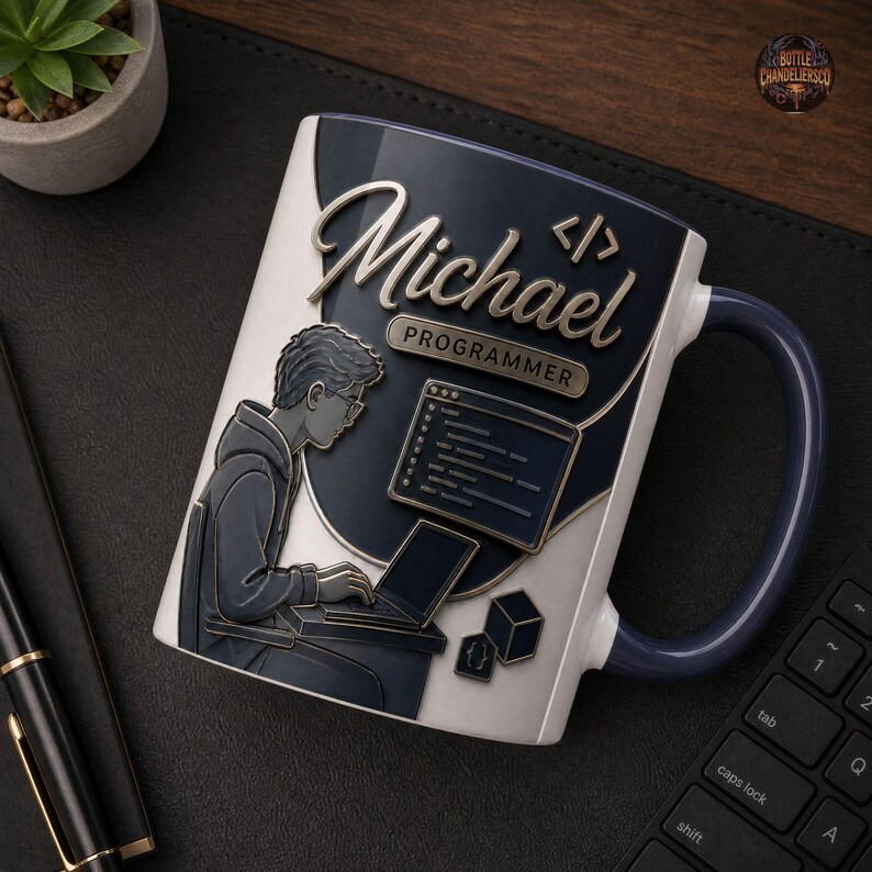 Peut inclure: Une tasse en c&eacute;ramique blanche et bleu fonc&eacute; avec un motif en relief repr&eacute;sentant une personne assise &agrave; un bureau avec un ordinateur portable. Le texte Michael et Programmer appara&icirc;t en police m&eacute;tallique au-dessus d'une ic&ocirc;ne d'&eacute;cran.