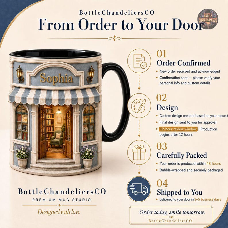 Peut inclure: Un mug en c&eacute;ramique &agrave; anse noire orn&eacute; d'une illustration de devanture de librairie avec le nom Sophia au-dessus de l'entr&eacute;e. Le motif inclut un auvent ray&eacute;, des lanternes et un int&eacute;rieur de biblioth&egrave;que. Du texte d&eacute;taille le processus de commande.