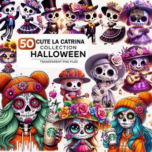 50+ Cute La Catrina  Clipart Bundle, Sugar Skull Clipart Png, Dia de Muertos Png, Halloween Clipart, Floral Skull Png, Day Of The Dead Png