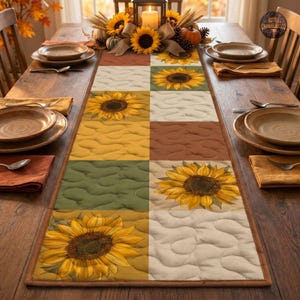May include: A rectangular quilted table runner featuring a patchwork design of sunflowers on cream, olive green, mustard yellow, and brown squares. The runner has a wavy stitched pattern throughout and is centred on a wooden dining table.