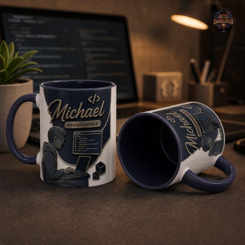 Peut inclure: Deux tasses en c&eacute;ramique avec int&eacute;rieur et anse bleu fonc&eacute;, pr&eacute;sentant un ext&eacute;rieur blanc avec un motif bleu fonc&eacute;. Le design inclut le nom Michael, le mot PROGRAMMER, un symbole de code et l'illustration d'une personne travaillant sur un ordinateur.