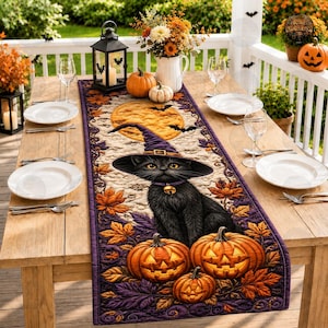 Cloud Moon Quilt Table Runner, Black Witch Cat Table Decor, Halloween Spooky Table Linen, Purple Gold Gift, Jack-o'-lantern Decor