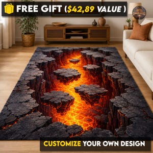 Peut inclure: Un tapis rectangulaire présentant une illusion d'optique 3D de formations rocheuses sombres et escarpées suspendues au-dessus d'une rivière de lave en fusion. Le motif représente des plateformes de pierre flottant dans un paysage volcanique.
