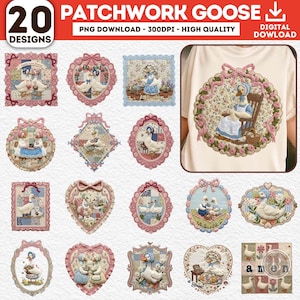 Op de afbeelding: Een verzameling van 20 patchwork ganzen ontwerpen in verschillende vormen, waaronder vierkanten, ovalen en harten. Elk ontwerp toont een gans met een muts, vaak met bloemen en lint accenten. De tekst "PATCHWORK GOOSE" staat bovenaan.