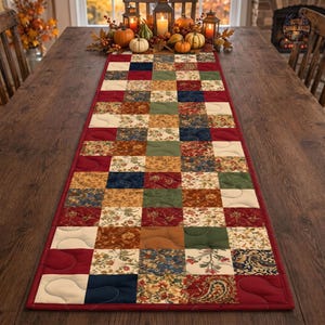 Puede incluir: Un camino de mesa acolchado rectangular con un diseño de patchwork de cuadrados en tonos rojo, verde, azul, dorado y crema. Los cuadrados de tela muestran varios patrones florales, de cachemira y sólidos, bordeados por un ribete de tela roja.