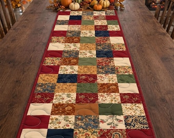 Burgundy Calico Quilt Table Runner, Vintage Floral Patchwork Table Decor, Country, Traditional Quilt Lover Gift, Rustic Farmhouse Decor