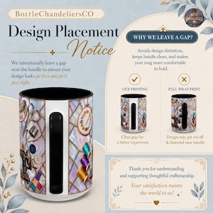 Peut inclure: Un graphique informatif pour BottleChandeliersCO expliquant le placement du motif sur une tasse. Il pr&eacute;sente une tasse avec un motif de couture, une anse noire et du texte expliquant pourquoi un espace est laiss&eacute; pr&egrave;s de l'anse.