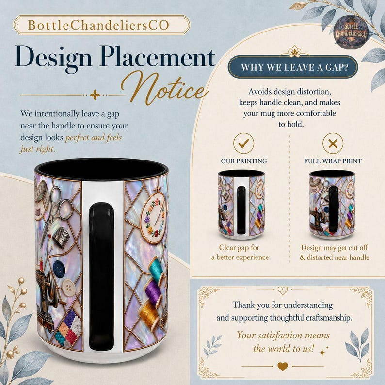 Peut inclure: Un graphique informatif pour BottleChandeliersCO expliquant le placement du motif sur une tasse. Il pr&eacute;sente une tasse avec un motif de couture, une anse noire et du texte expliquant pourquoi un espace est laiss&eacute; pr&egrave;s de l'anse.