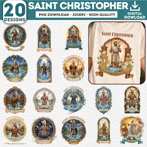 Puede incluir: Una colección de 20 diseños de San Cristóbal, que incluyen ilustraciones y un gráfico para camiseta. Los diseños muestran a San Cristóbal llevando a un niño, con los textos "Saint Christopher" y "Portador de Cristo."