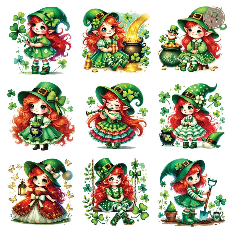 May include: Nine illustrations of cartoon leprechauns wearing green hats and dresses. The leprechauns are holding various items such as a pot of gold, a flute, a lantern, and a shovel. The illustrations are set against a white background.