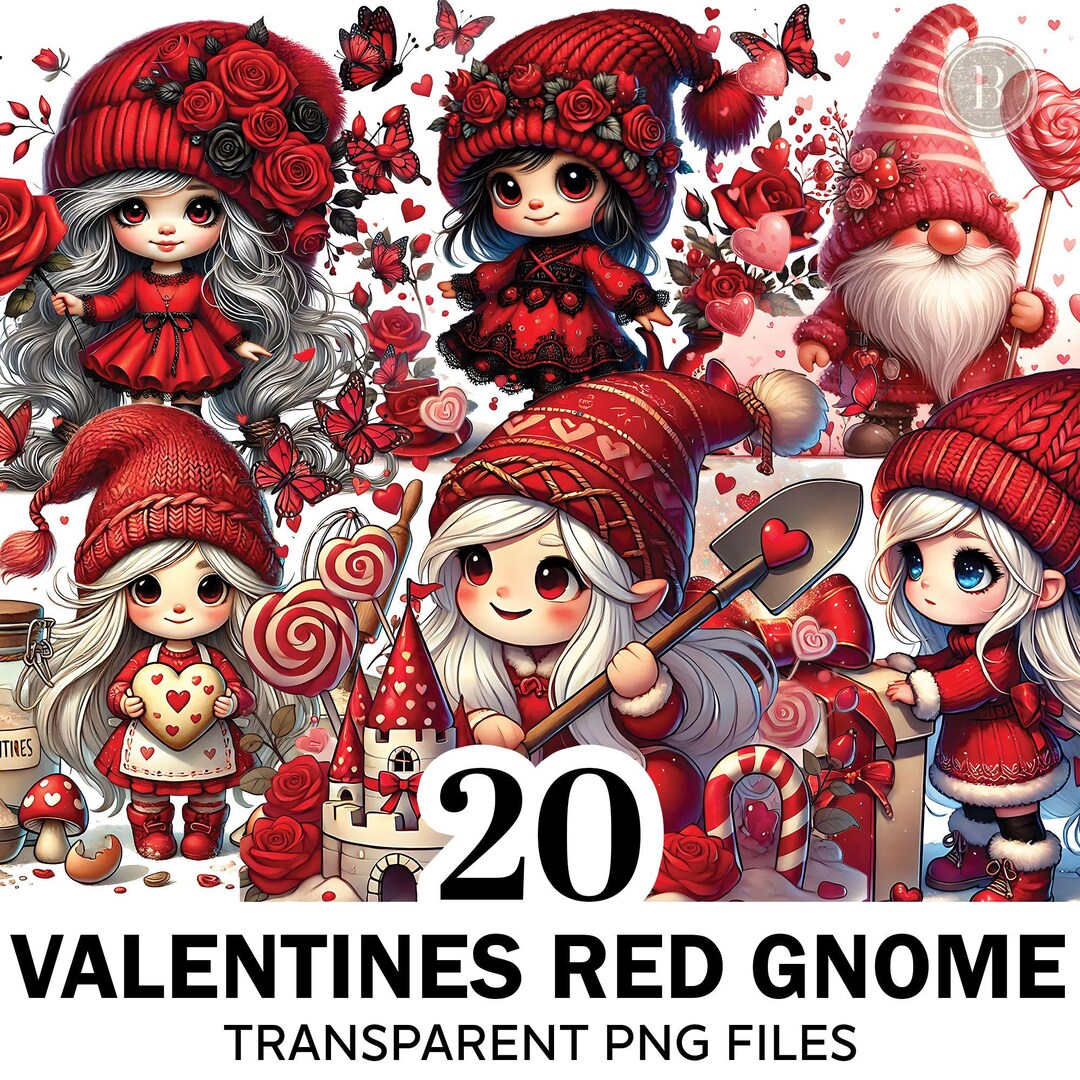 Watercolor Gnome Clipart Bundle, 20 PNG Valentine Red Gnome, Valentine ...