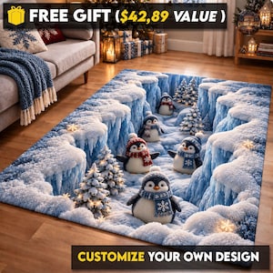 May include: A rectangular area rug featuring a 3D-style winter landscape with snow-covered ice cliffs, small pine trees, and several cartoon penguins wearing knitted hats and scarves. The design includes scattered glowing snowflake accents.