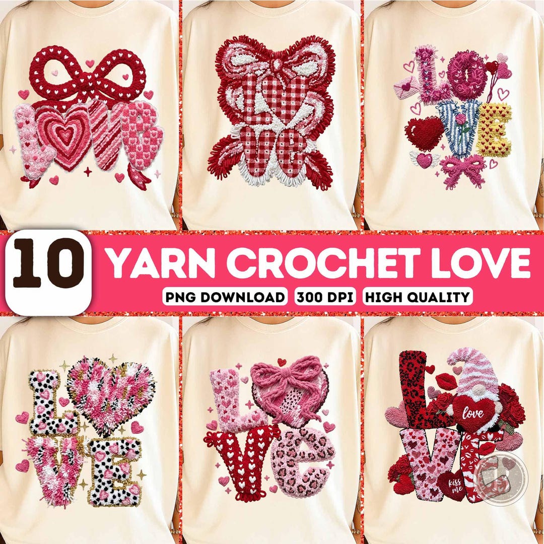 Crochet Yarn Love Png Bundle, 10 PNG Latch Hook Yarn, Valentines Day ...