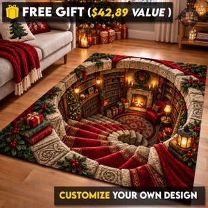 May include: A rectangular area rug featuring a 3D optical illusion of a stone staircase leading down into a cozy library room with a fireplace, bookshelves, a red armchair, Christmas decorations, and wrapped gifts on a circular rug.