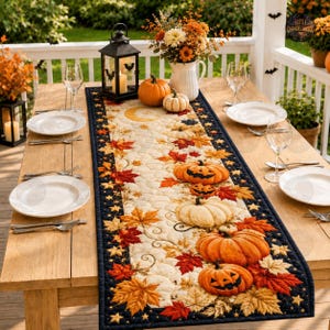 Peut inclure: Un chemin de table matelassé orné de citrouilles orange, de citrouilles sculptées et de feuilles d'automne colorées sur un fond crème, avec une bordure bleu marine décorée d'étoiles jaunes. Il est disposé sur une table en bois avec des couverts.