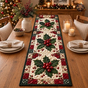 3D Christmas Holly Berry Quilt Table Runner, Festive Holly Table Runner, Holiday Patchwork Table Decor, Winter Botanical Decor, Holly Gift