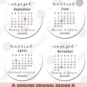 May include: A white and pink design featuring four calendar layouts with dates highlighted for engagements and weddings. Each calendar includes names and dates, with the text "Genuine Original Design" at the bottom.