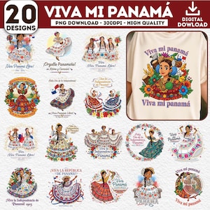 Op de afbeelding: Een verzameling van 20 digitale ontwerpen met Panamese culturele thema's. De ontwerpen bevatten illustraties van vrouwen in traditionele kleding, bloemenkransen en tekst zoals "Viva mi Panamá" en "Viva Panamá Libre!"