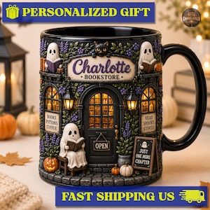 May include: A black ceramic mug featuring a detailed 3D-style bookstore facade with ghosts reading books, purple flowers, and pumpkins. The sign reads Charlotte BOOKSTORE, with additional text reading BOOKS POTIONS COFFEE, READ SPOOKY STORIES, and OPEN.