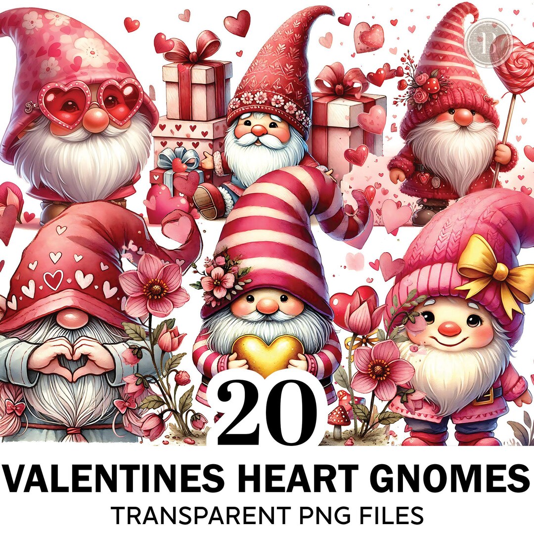 Watercolor Gnomes Clipart Bundle, 20 PNG Valentines Heart Gnomes ...