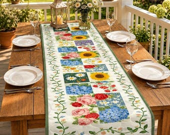 Mixed Flower Patchwork Quilt Table Runner, Botanical Sampler Table Decor, Garden Floral Table, Flower Lover Gift, Cottage Botanical Decor