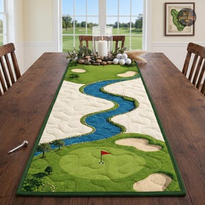 May include: A rectangular table runner featuring a printed golf course design with a winding blue water hazard, green fairways, tan sand bunkers, and a red flag on a putting green. The fabric has a quilted texture with a dark green border.