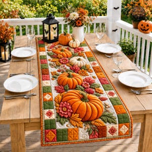 May include: A rectangular quilted table runner featuring a central design of orange pumpkins, colourful autumn leaves, and flowers, bordered by a patchwork pattern of green, orange, and white squares, displayed on a wooden table with place settings.