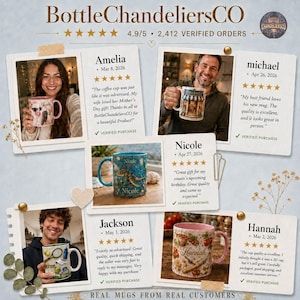 Peut inclure: Un collage d'avis clients pour BottleChandeliersCO pr&eacute;sentant cinq photographies de personnes tenant des tasses en c&eacute;ramique personnalis&eacute;es. Chaque avis inclut une note de cinq &eacute;toiles, un nom, une date et un t&eacute;moignage &eacute;crit sur le produit.
