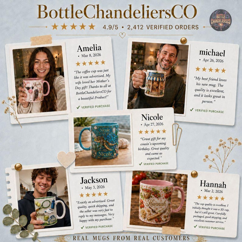 Peut inclure: Un collage d'avis clients pour BottleChandeliersCO pr&eacute;sentant cinq photographies de personnes tenant des tasses en c&eacute;ramique personnalis&eacute;es. Chaque avis inclut une note de cinq &eacute;toiles, un nom, une date et un t&eacute;moignage &eacute;crit sur le produit.