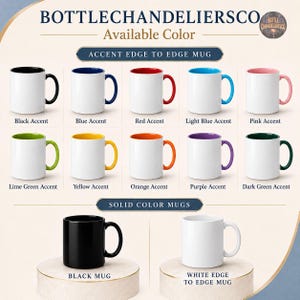 Peut inclure: Un tableau de pr&eacute;sentation de produits BOTTLECHANDELIERSCO montrant diverses options de tasses. La section sup&eacute;rieure pr&eacute;sente dix tasses blanches avec des bords et des anses color&eacute;s en noir, bleu, rouge, bleu clair, rose, vert lime, jaune, orange, violet et vert fonc&eacute;.