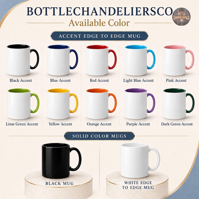 Peut inclure: Un tableau de pr&eacute;sentation de produits BOTTLECHANDELIERSCO montrant diverses options de tasses. La section sup&eacute;rieure pr&eacute;sente dix tasses blanches avec des bords et des anses color&eacute;s en noir, bleu, rouge, bleu clair, rose, vert lime, jaune, orange, violet et vert fonc&eacute;.
