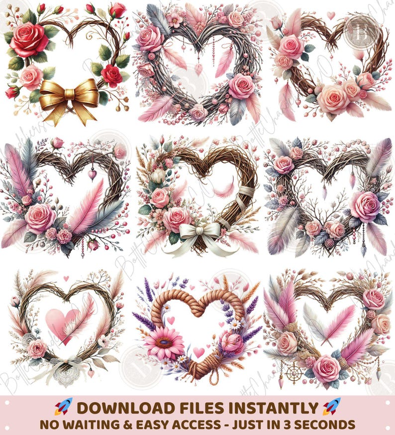 Watercolor Heart Wreath Clipart Bundle, 20 PNG Vintage Heart, Romantic ...
