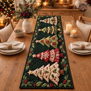 May include: A rectangular dark green quilted table runner featuring five appliqued Christmas trees in varying designs of red, white, and green with gold star toppers. The runner is decorated with embroidered holly leaves and red berries along the border.
