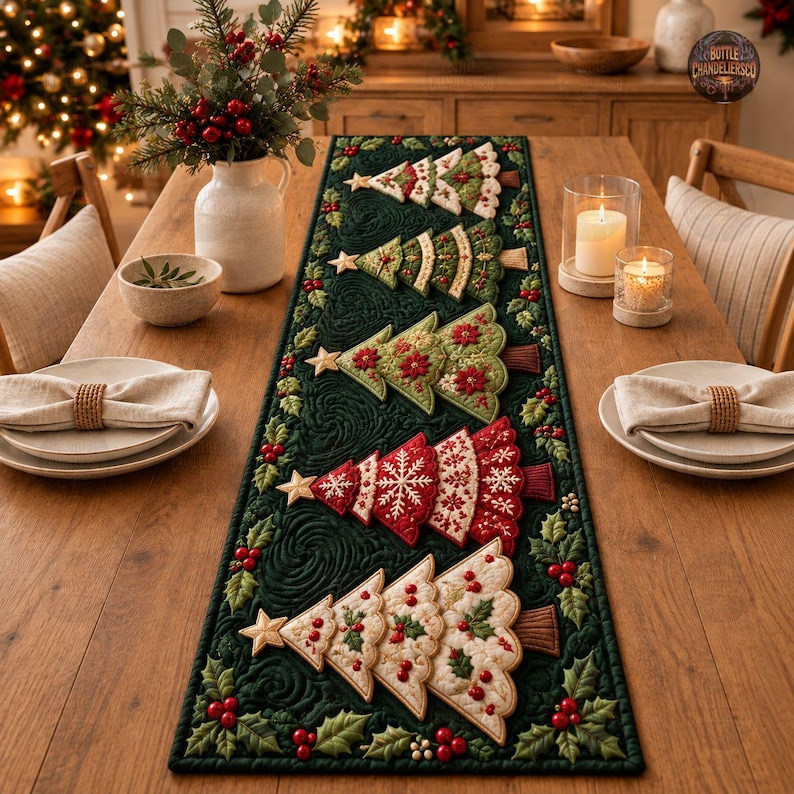 3D Christmas Trees Quilt Table Runner, Patchwork Pine Art Table Runner ...