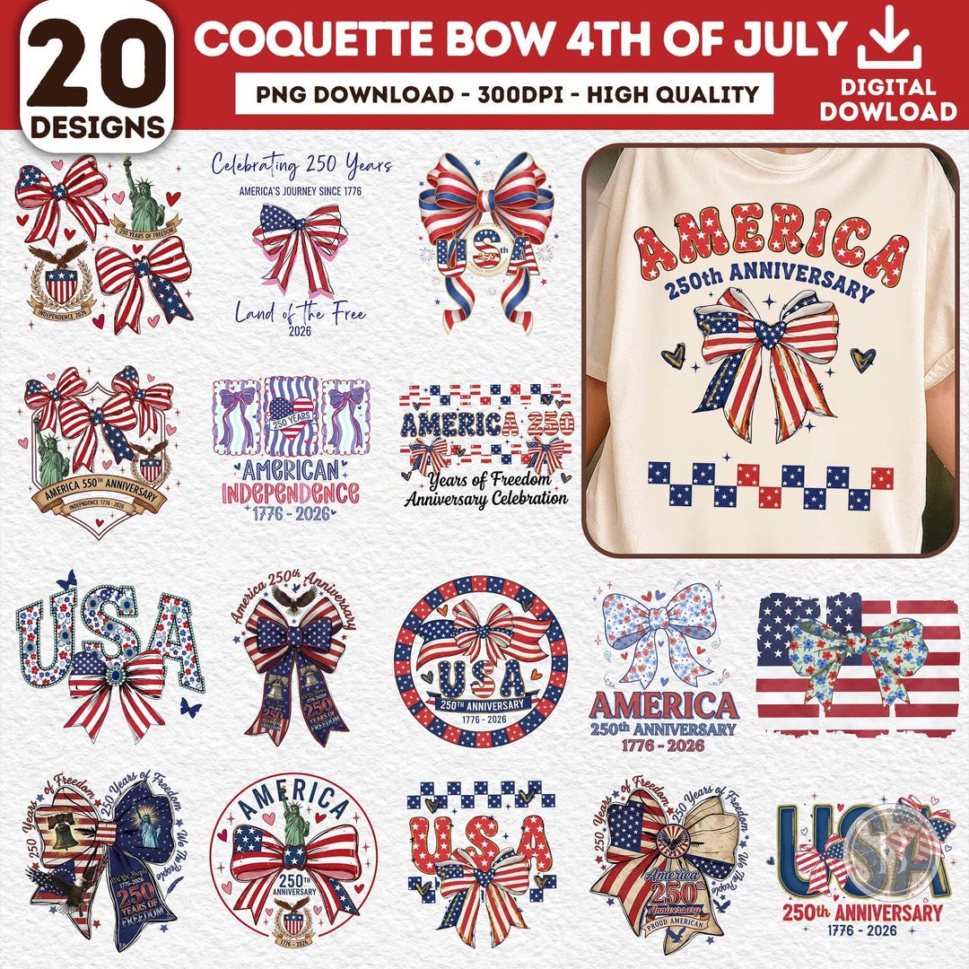 Coquette 4TH of July Png Bundle, 20 PNG America Bow, 250th Anniversary ...
