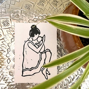 Mère et bébé Linogravure/impression linogravure/carte A6