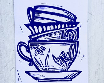 Stack of Teacups / Lino Print / A6 Card