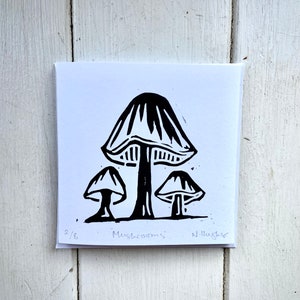 Handprinted Lino Mushoom Card /Square /Original Print