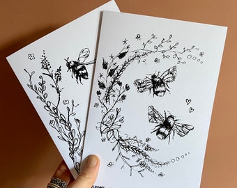 Bee Card Pack of 2 - Love Card - Hand Drawn