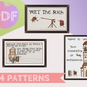 Mittelalter Meme Bundle 4 Kreuzstich PDF Muster | Bayeux Gobelin Kreuzstich | Yeet The Rich, Yippee Ki Yay Field of Fucks