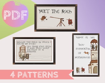 Medieval Meme Bundle 4 Cross Stitch PDF Pattern | Tapisserie de Bayeux au point de croix | Yeet The Rich, Yippee Ki Yay Field of Fucks