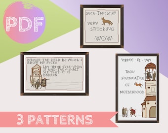 Meme médiéval Bundle 2 motif PDF point de croix | Tapisserie de Bayeux au point de croix | Doge, Field of Fucks, Yippee Ki Yay
