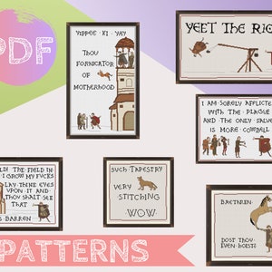 Mittelalterliches Bundle 3 Kreuzstich PDF Muster | Bayeux Gobelin-Stich |  Dost Du Even Hoist, Field of Fickts, Jeet die Reichen, Yippee Ki Yay,