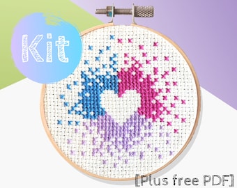 Mini Bisexual Pride Heart Cross Stitch Kit, DIY Craft Kit, Bi, Gay Pride LGBTQA+ Modern Cross Stitch Kit